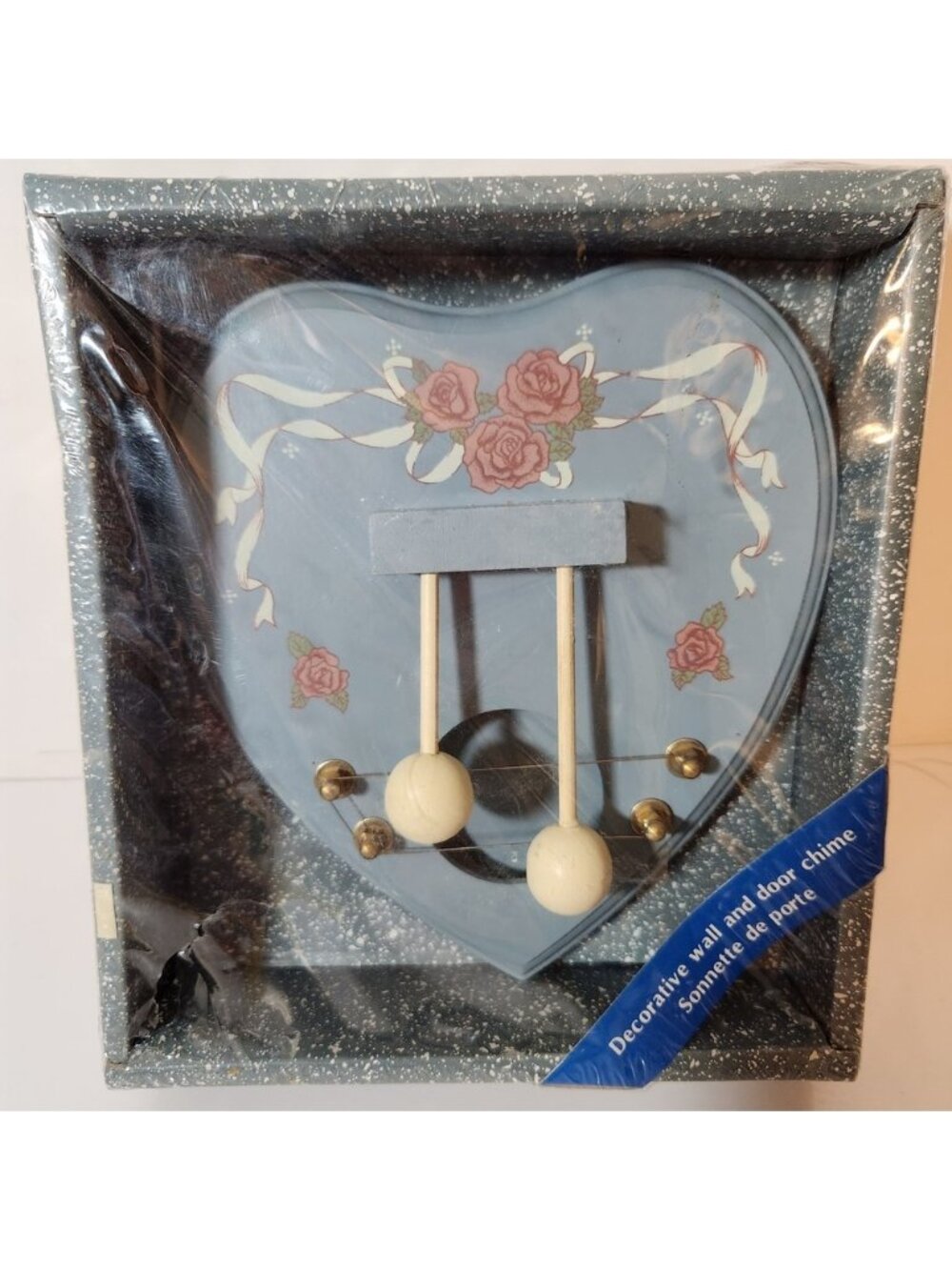 Vintage Wooden Heart Door Chime Wall Decor Blue Pink Roses Cottagecore New
